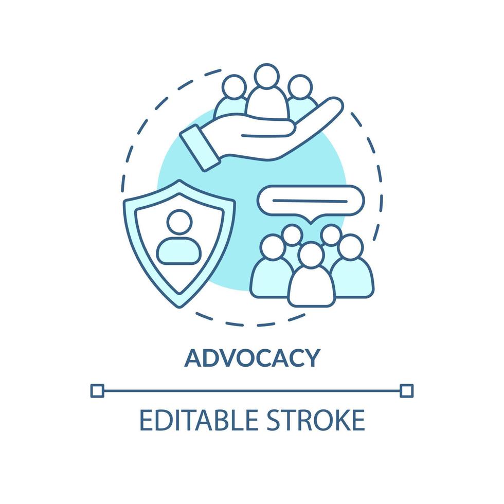 advocacy turkos koncept ikon. tjänar allmänhetens intresse. pr etisk kod abstrakt idé tunn linje illustration. isolerade konturritning. redigerbar linje. vektor