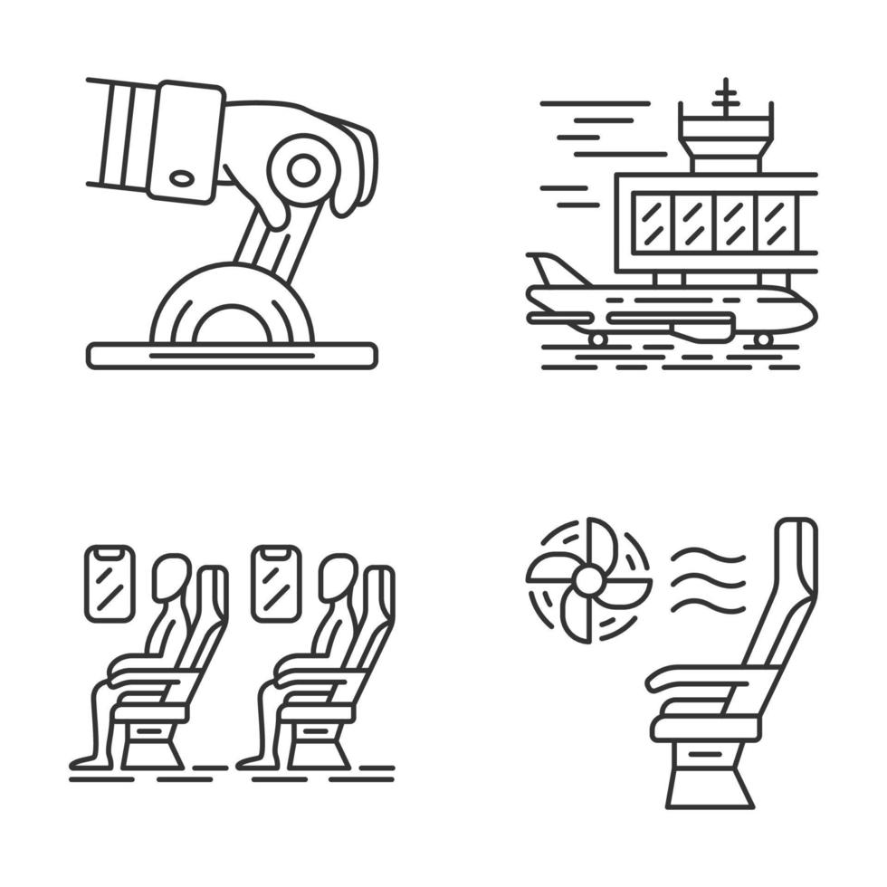 flygtjänster linjära ikoner set. plankonditioneringssystem. bekväma sittplatser för flygplan. passagerare på salongen. tunn linje kontursymboler. isolerade vektor kontur illustrationer. redigerbar linje