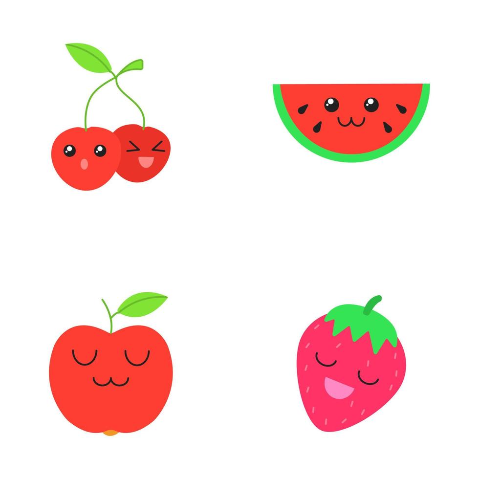 Früchte niedlich kawaii flaches Design lange Schatten Zeichen gesetzt. Kirsche, Wassermelone, Apfel, Erdbeere mit lächelnden Gesichtern. lustiges Emoji, Emoticon, Lächeln. Vektor isoliert Silhouette Illustration