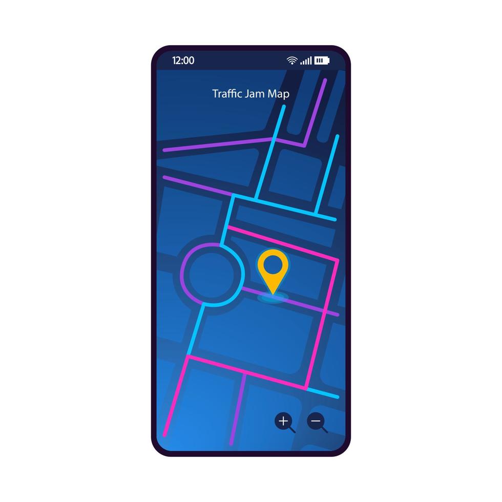 trafikstockning karta smartphone gränssnitt vektor mall. mobilappsida mörkblå designlayout. GPS-navigeringsskärm för vägbeskrivningar. platt UI för applikation. karta över trafikstockningar. telefonens display