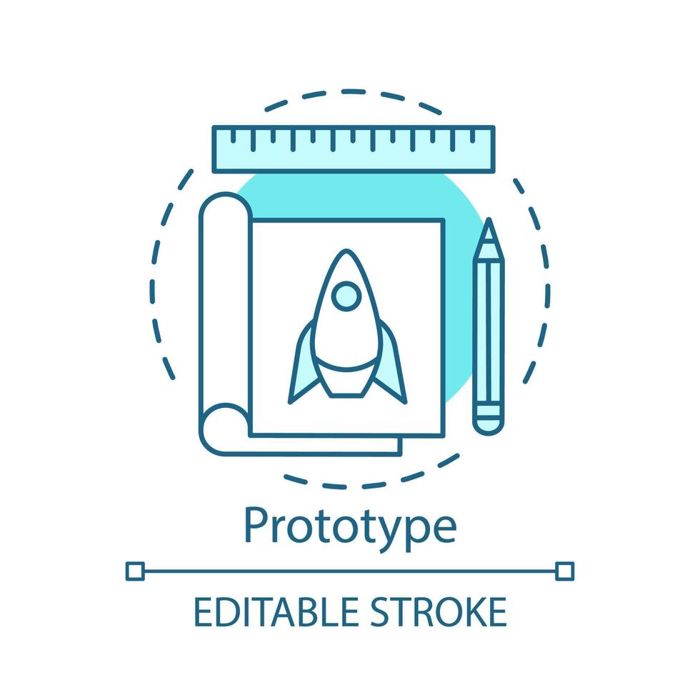 produkt prototyp koncept ikon. uppstartsplanering. prototypframställning och modelltillverkning. ritalbum. första versionen av enhetsidé tunn linje illustration. vektor isolerade konturritning. redigerbar linje