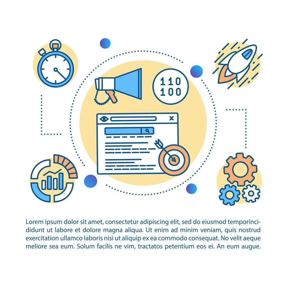 it Startup-Artikelseiten-Vektorvorlage. innovativer Geschäftsstart. broschüre, magazin, broschürengestaltungselement mit linearen symbolen und textfeldern. Druckdesign. konzeptillustrationen mit textraum vektor