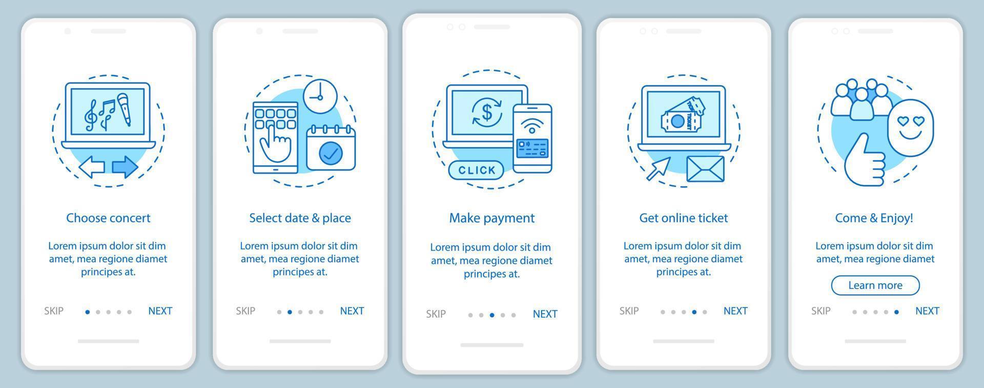 konsert onboarding mobil app sidskärm vektor mall. föreställningsbiljettbetalning online. musikevenemang. genomgång av webbplatssteg med linjära illustrationer. ux, ui, gui smartphone gränssnitt koncept