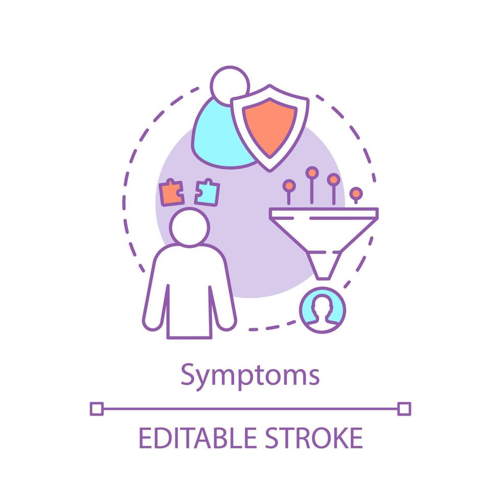 symptom koncept ikon. sjukdom tecken indikation idé tunn linje illustration. immunförsvaret bekämpar sjukdomar. sorg, svårt psykiskt tillstånd, depression. vektor isolerade konturritning. redigerbar linje