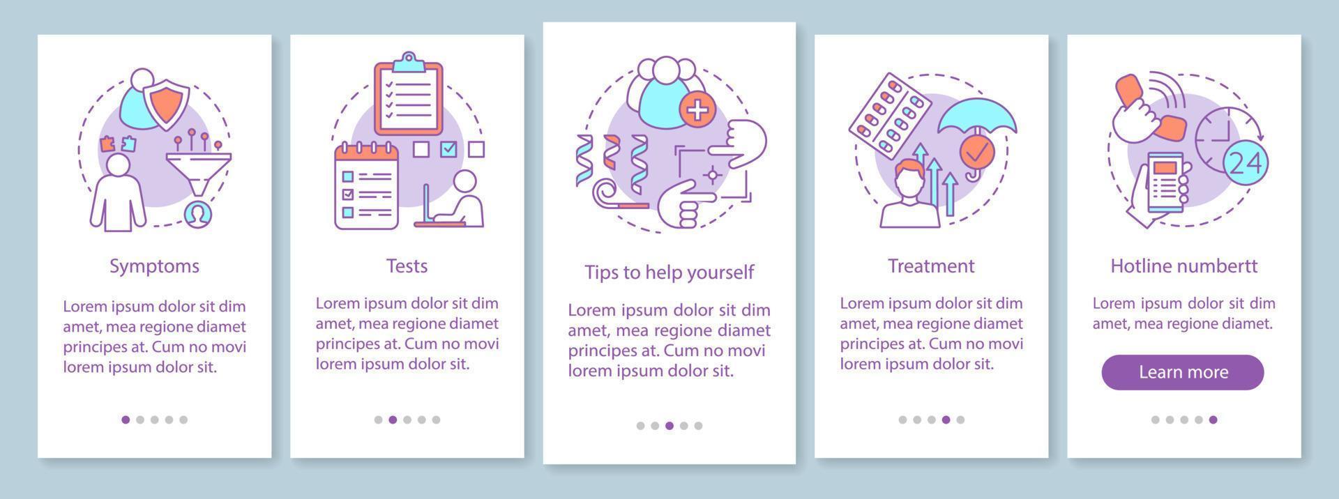 Selbstdiagnose beim Onboarding der mobilen App-Seitenbildschirm-Vektorvorlage. Behandlung von Depressionen. Psychische Gesundheit. Walkthrough-Website-Schritte mit linearen Illustrationen. ux, ui, gui smartphone-schnittstellenkonzept vektor