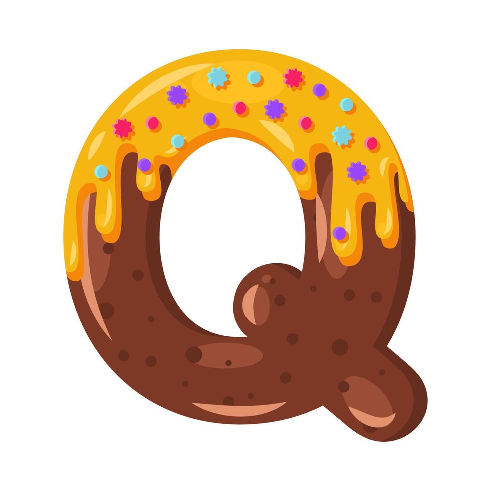 donut cartoon q brief vektorillustration. Biscuit fetter Schriftstil. glasierter Großbuchstabe mit Zuckerguss. verlockende Typografie mit flachem Design. Schokoladen-Alphabet. gebäck, bäckerei isolierte clipart vektor