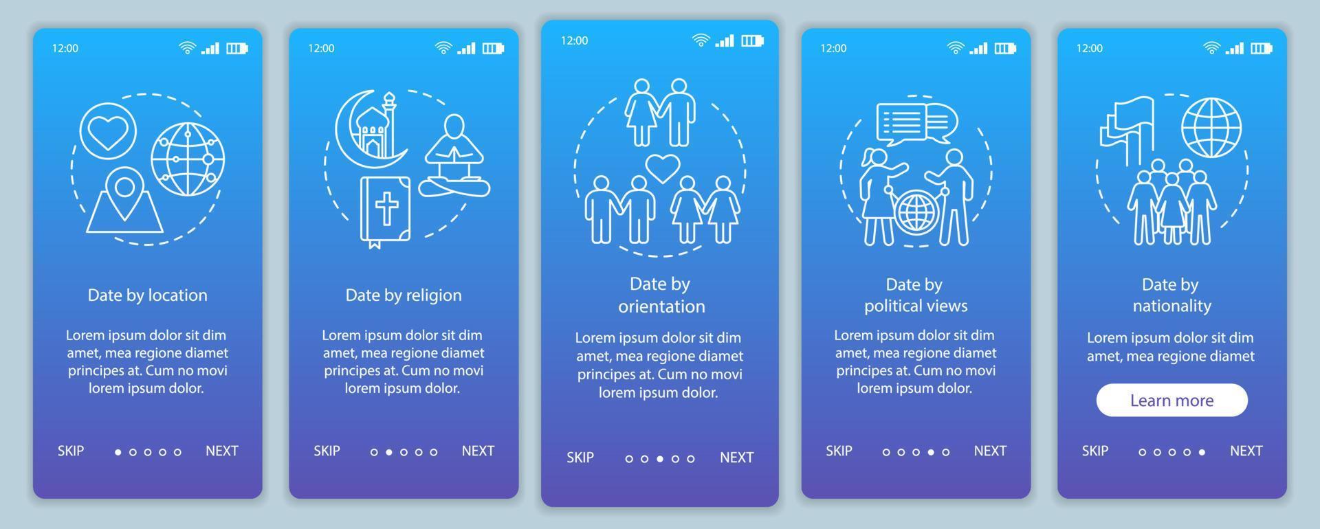 online dating onboarding mobil app sida skärm vektor mall. datum efter plats, religion, läggning, nationalitet webbplats instruktioner med linjära illustrationer. ux, ui, gui smartphone-gränssnitt