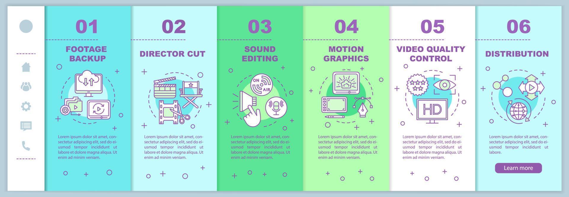 Videoproduktion Onboarding mobiler Webseiten Vektorvorlage. filmen machen. reaktionsschnelle Smartphone-Website-Schnittstellenidee mit linearen Illustrationen. Schrittbildschirme für die Website-Walkthrough-Schritte. Farbkonzept vektor