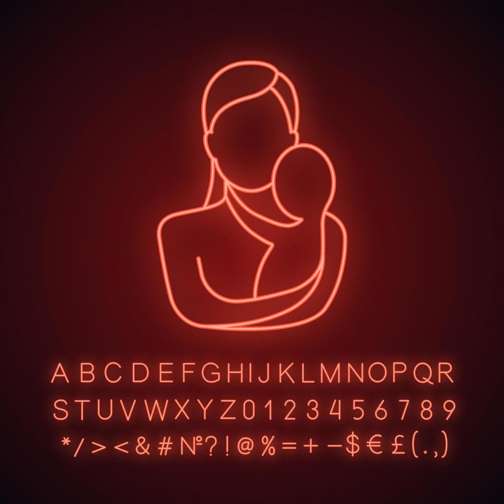 mutter, die neonlichtikone des neugeborenen babys hält. Muttertag. Mutterschaft. leuchtendes zeichen mit alphabet, zahlen und symbolen. vektor isolierte illustration