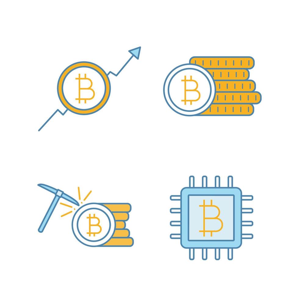 bitcoin cryptocurrency färgikoner set. marknadstillväxtdiagram, bitcoin-myntstack, gruvdrift, mikrochip. isolerade vektorillustrationer vektor