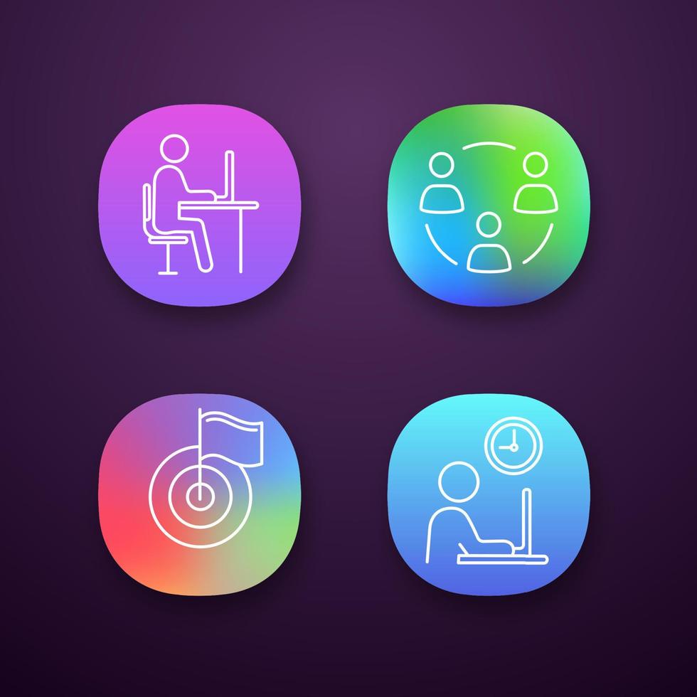 företagsledning app ikoner set. ui ux användargränssnitt. distansjobb, lagarbete, prestation, arbetstider. webb- eller mobilapplikationer. vektor isolerade illustrationer