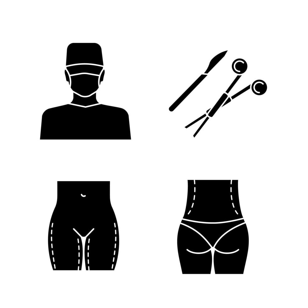 Glyphensymbole für plastische Chirurgie gesetzt. chirurg, chirurgisches skalpell und klemme, oberschenkelstraffung, taillenkorrekturoperation. Silhouettensymbole. vektor isolierte illustration