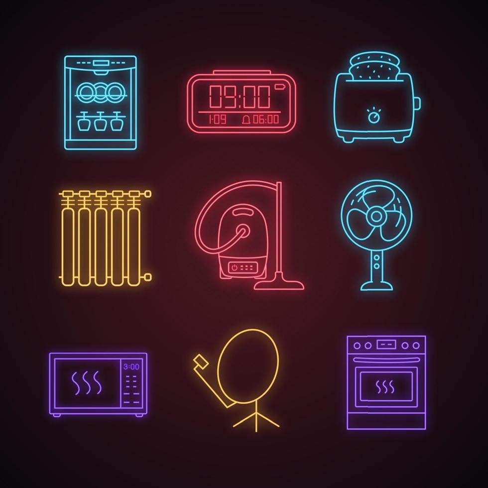 haushaltsgeräte-neonlicht-symbole gesetzt. Geschirrspüler, Digitaluhr, Toaster, Heizkörper, Staubsauger, Ventilator, Mikrowelle, Satellitenschüssel, Herd. leuchtende vektorisolierte illustrationen vektor