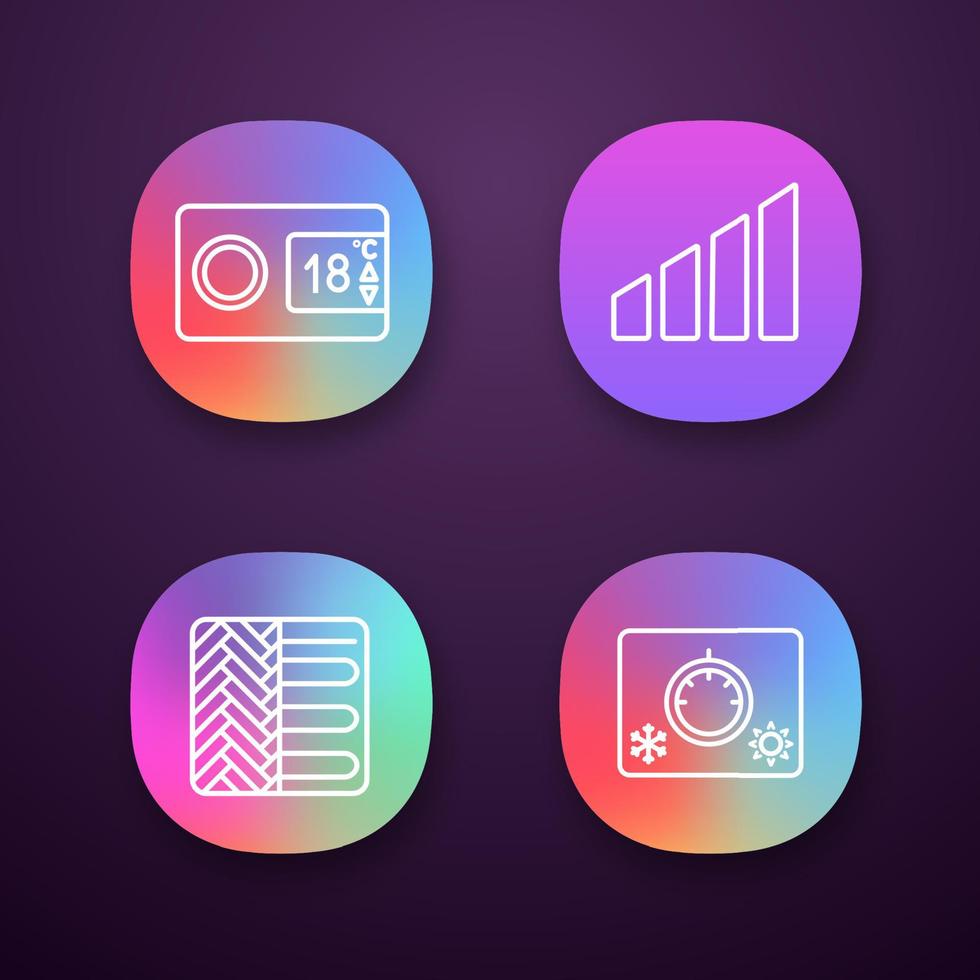 klimaanlage app-symbole gesetzt. digitales Thermostat, Leistungsstufe, Fußbodenheizung, Klimaregelung. ui ux-benutzeroberfläche. Web- oder mobile Anwendungen. Vektor isolierte Illustrationen