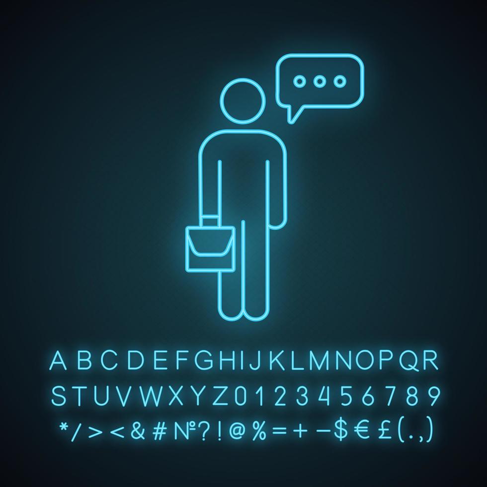 denkender Geschäftsmann Neonlicht-Symbol. Meinung der Manager. Rede. Mann spricht. Person mit Sprechblase und Aktentasche. leuchtendes zeichen mit alphabet, zahlen und symbolen. vektor isolierte illustration