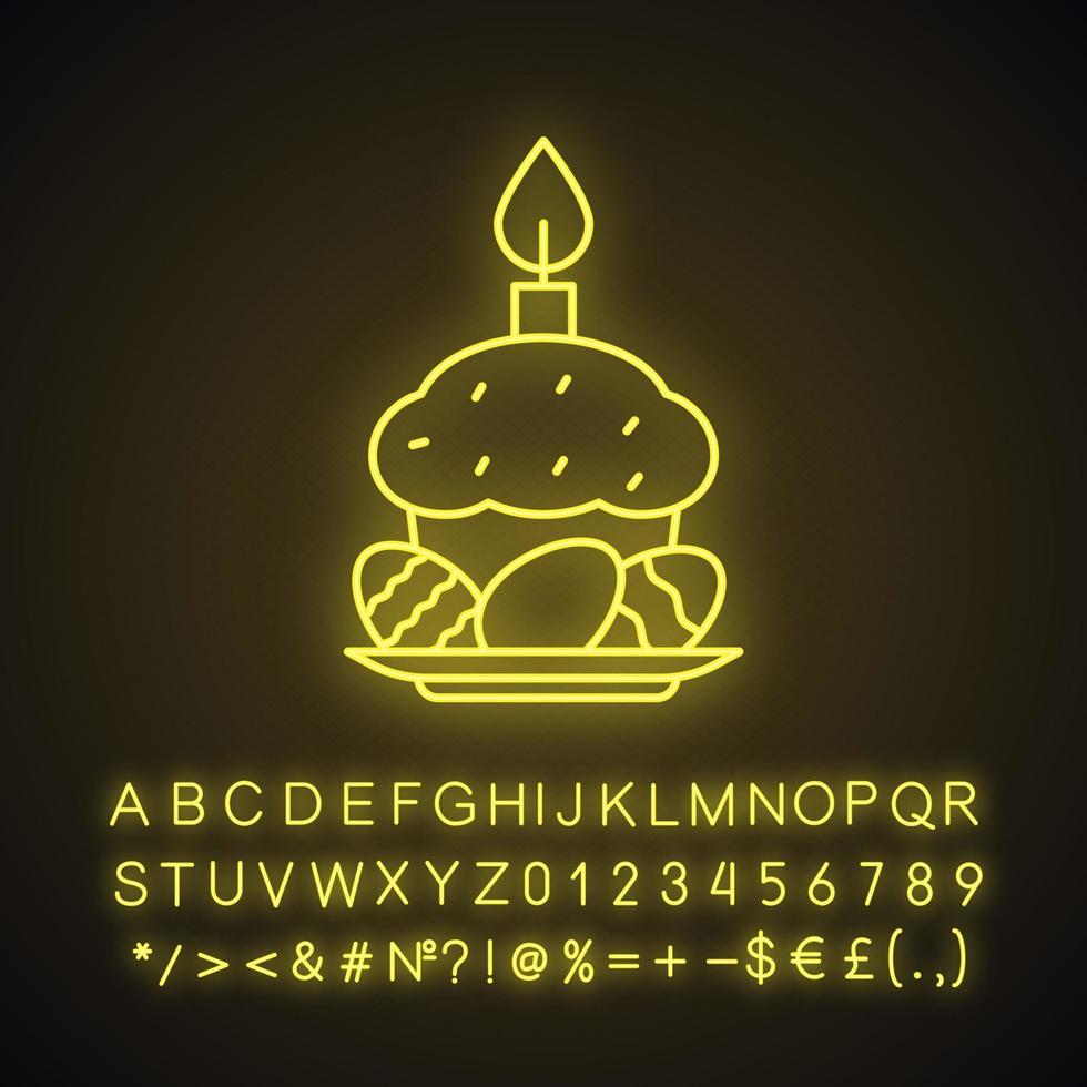 Symbol für Osterkuchen, Eier und Kerzenneonlicht. leuchtendes zeichen mit alphabet, zahlen und symbolen. vektor isolierte illustration