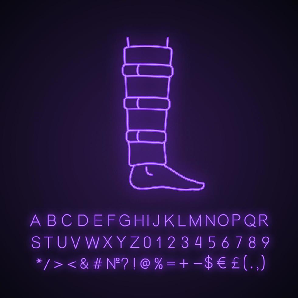 Symbol für Neonlicht der Schienbeinstütze. Schienbeinstütze. verstellbare Wadenstütze. leuchtendes zeichen mit alphabet, zahlen. Unterschenkel-Kompressionsbandage. Linderung von Beinschmerzen. Wadenmuskelverletzung. vektor isolierte illustration