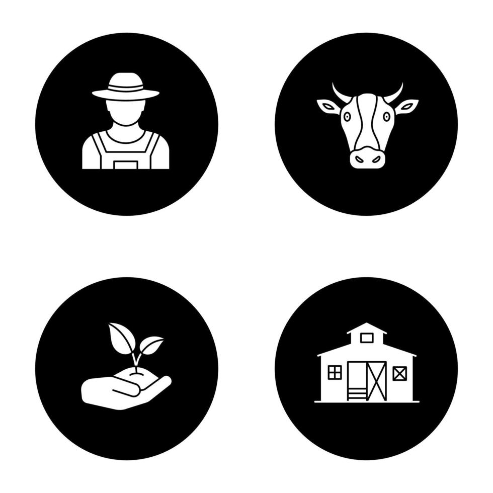 Glyphensymbole für die Landwirtschaft festgelegt. Bauer, Kuhkopf, Spross in der Hand, Scheunenbau. Vektor weiße Silhouetten Illustrationen in schwarzen Kreisen