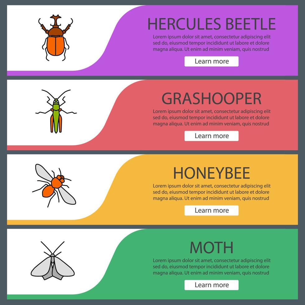 Insekten-Web-Banner-Vorlagen festgelegt. Herkuleskäfer, Heuschrecke, Honigbiene, Motte. Menüelemente in Farbe der Website. Vektor-Header-Design-Konzepte vektor