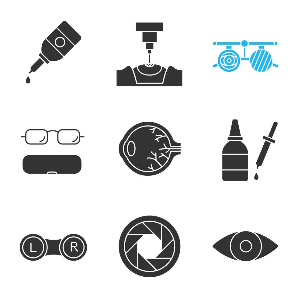 oftalmologi glyf ikoner set. ögondroppar och droppare, laserkirurgi, tentamensglasögon, glasögonfodral, linsdosa, diafragma, syn. siluett symboler. vektor isolerade illustration