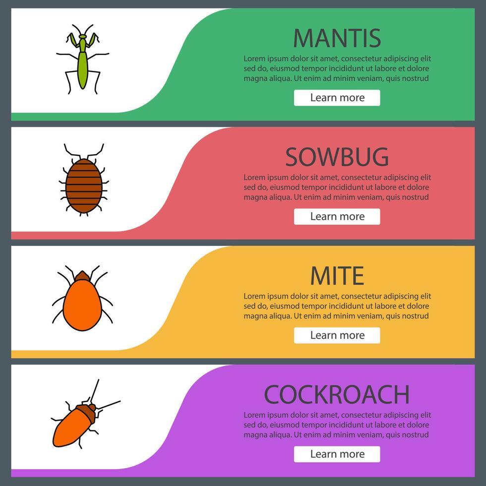 Insekten-Web-Banner-Vorlagen festgelegt. Gottesanbeterin, Sowbug, Milbe, Kakerlake. Menüelemente in Farbe der Website. Vektor-Header-Design-Konzepte vektor
