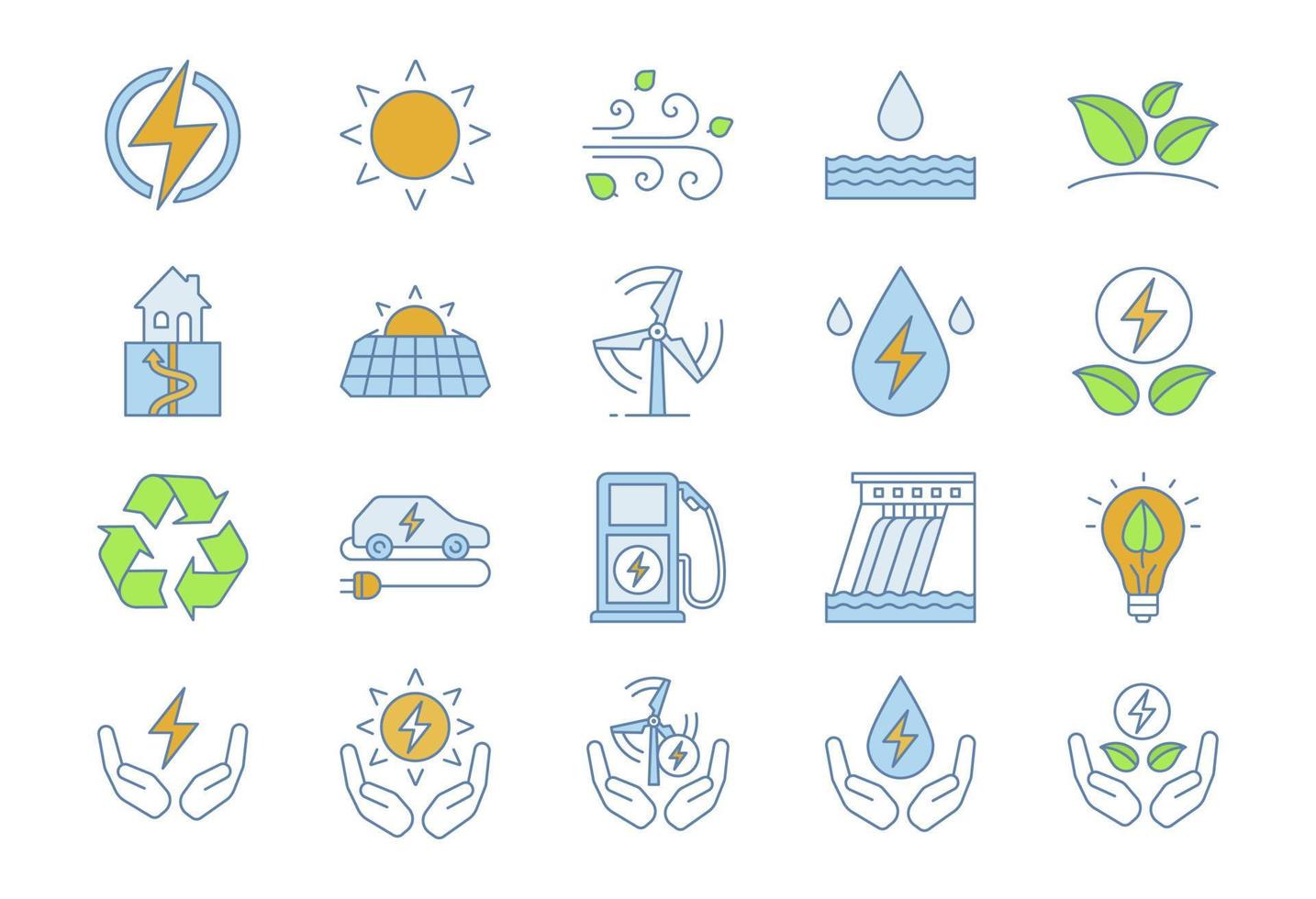 alternativa energikällor färg ikoner set. ekokraft. förnybara resurser. vatten, sol, termisk, vindenergi. isolerade vektorillustrationer vektor