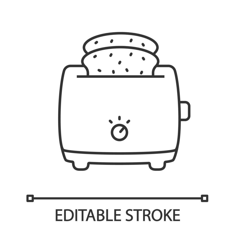 Scheibentoaster mit linearem Toastsymbol. dünne Liniendarstellung. Brottoaster. Küchengerät. Kontursymbol. Vektor isoliert Umrisszeichnung. editierbarer Strich