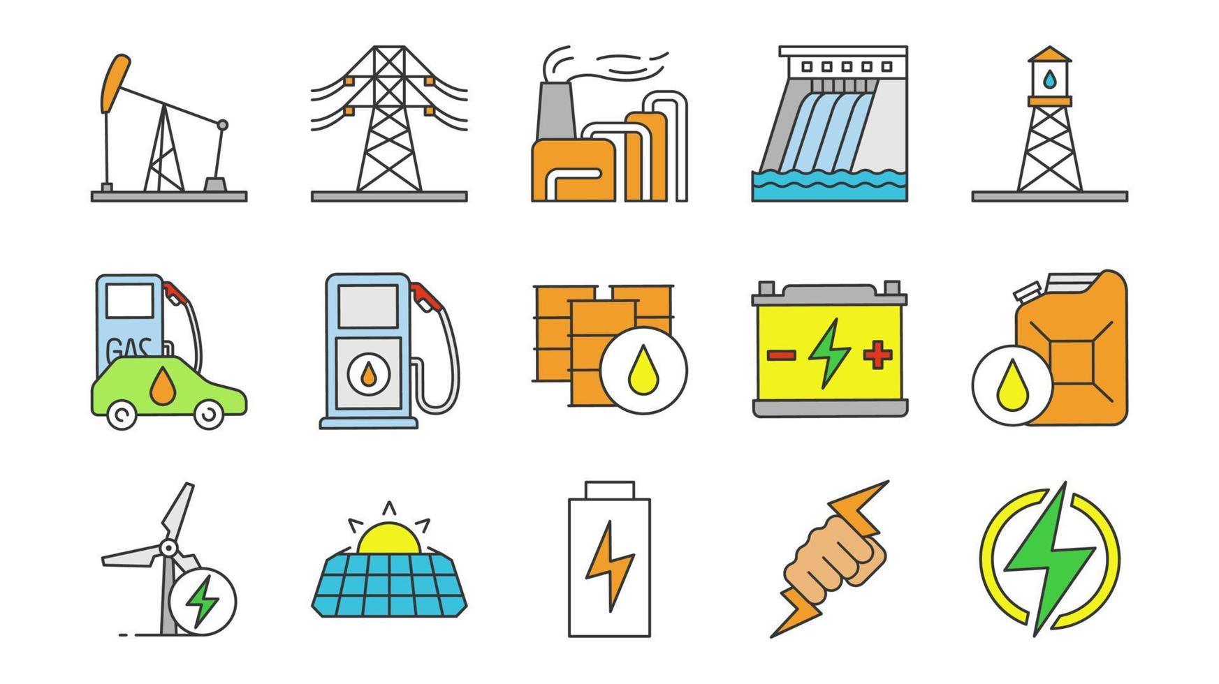 elektrisk energi färg ikoner set. elektricitet. kraftgenerering och ackumulering. elkraftindustrin. alternativa energiresurser. isolerade vektorillustrationer vektor