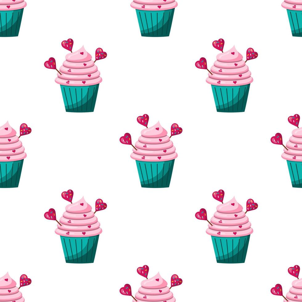 sömlöst cupcakemönster med rosa kräm och hjärtformade godis. vektor illustration på en vit bakgrund
