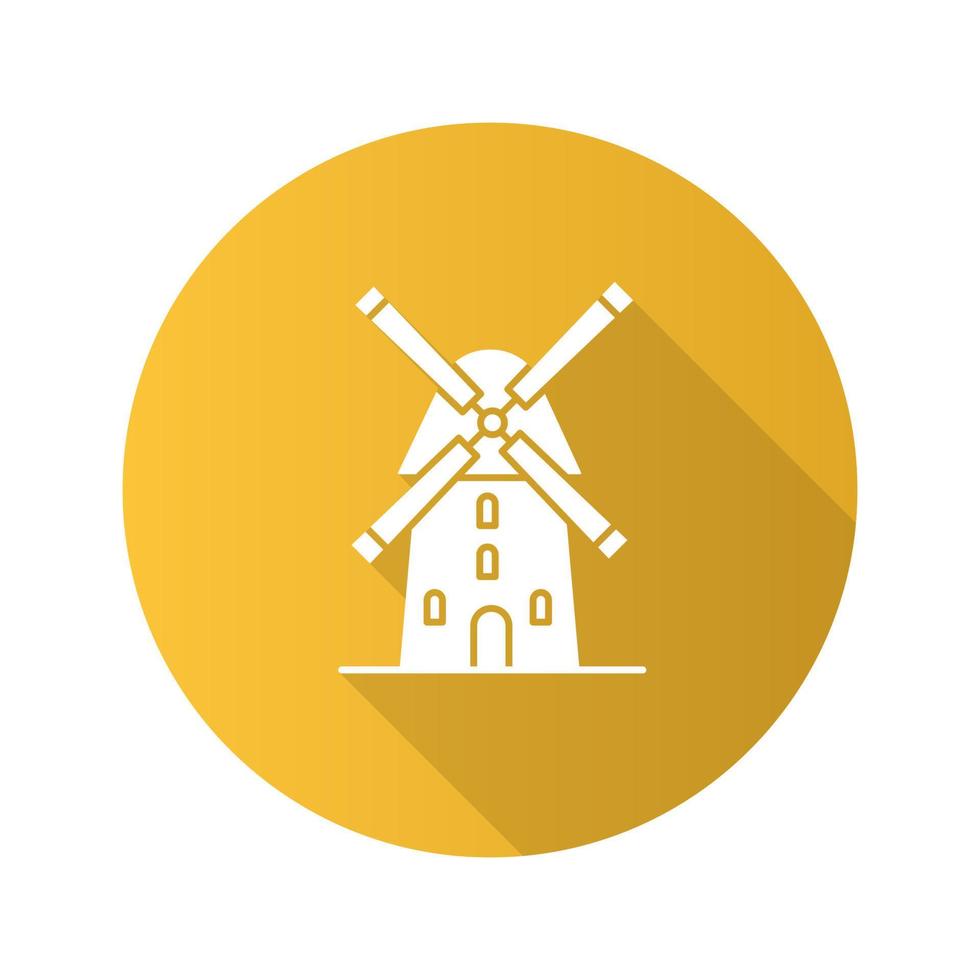 Windmühle flaches Design lange Schatten-Glyphe-Symbol. Landwirtschaft. Vektor-Silhouette-Illustration vektor