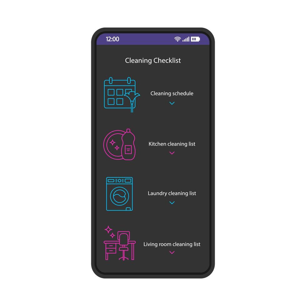 Hausreinigung Checkliste Smartphone-Schnittstelle Vektorvorlage. mobile App-Seite schwarzes Design-Layout. Reinigung, Wäscheplanbildschirm. flache Benutzeroberfläche für die Anwendung. Aufgabenliste, Aufgabenplan. Telefonanzeige vektor