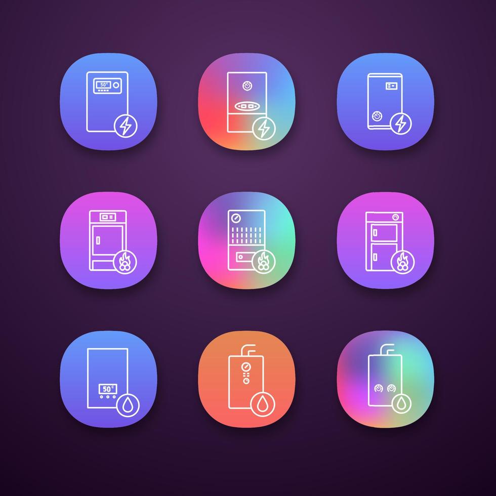 Heizungs-App-Symbole gesetzt. ui ux-benutzeroberfläche. Gas, Elektro, feste Brennstoffe, Boiler und Warmwasserbereiter. gewerbliche, industrielle und private Zentralheizungssysteme. Vektor isolierte Illustrationen