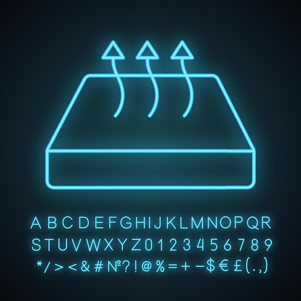 ventilerande madrass neonljusikon. spjälsängsmadrass med andningsbart överdragstyg. glödande tecken med alfabet, siffror och symboler. vektor isolerade illustration