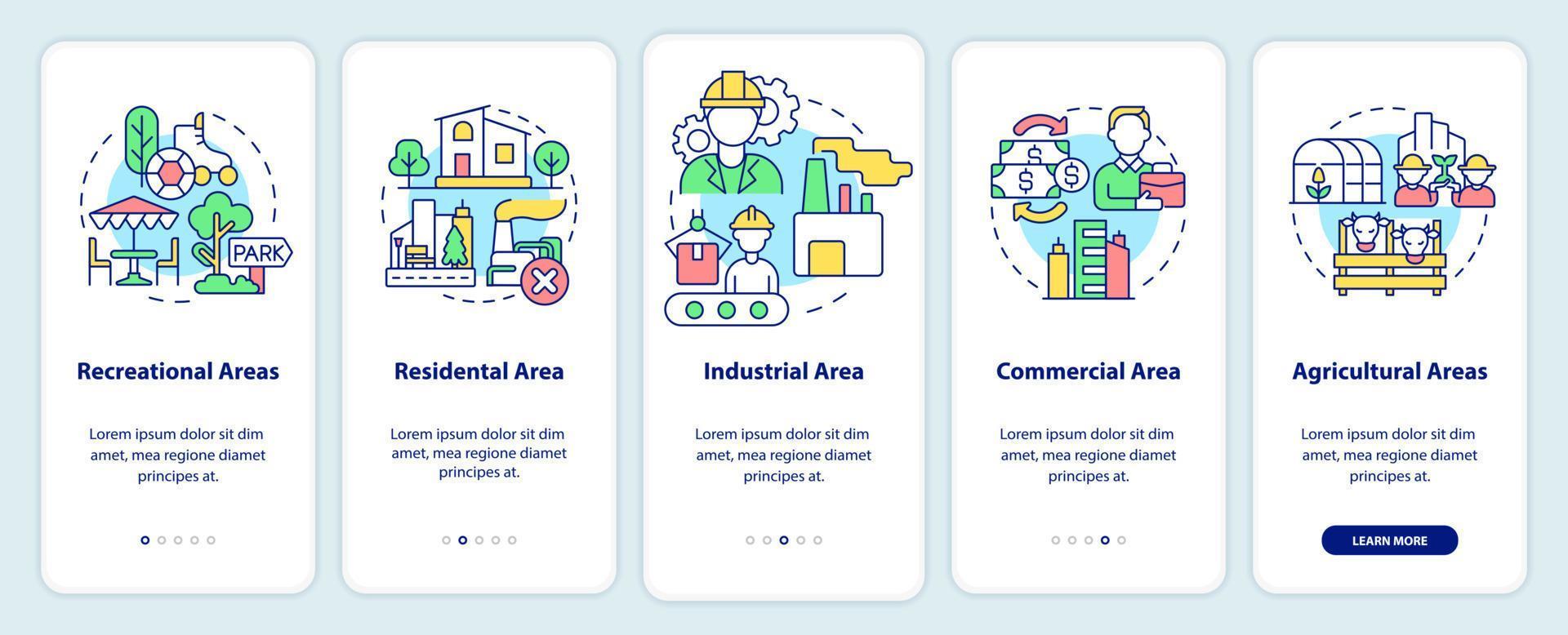 Arten der Landnutzung beim Onboarding von mobilen App-Bildschirmen. Erholungsgebiete Komplettlösung 5 Schritte grafische Anleitungsseiten mit linearen Konzepten. ui, ux, gui-Vorlage. vektor