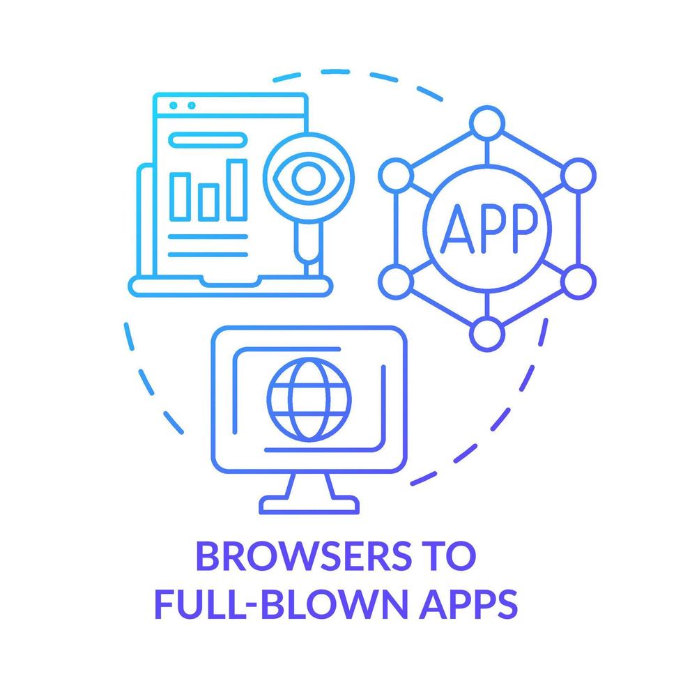 webbläsare till fullskaliga appar blå gradient konceptikon. mjukvaruutveckling. tech makro trender abstrakt idé tunn linje illustration. isolerade konturritning. vektor