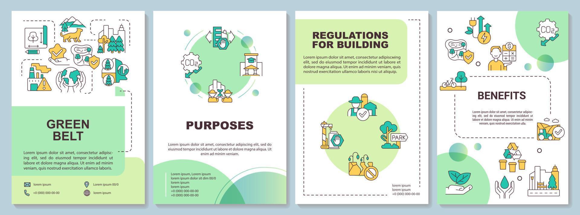 grönt bälte områden broschyr mall. syften och fördelar. broschyr design med linjära ikoner. 4 vektorlayouter för presentation, årsredovisningar. vektor