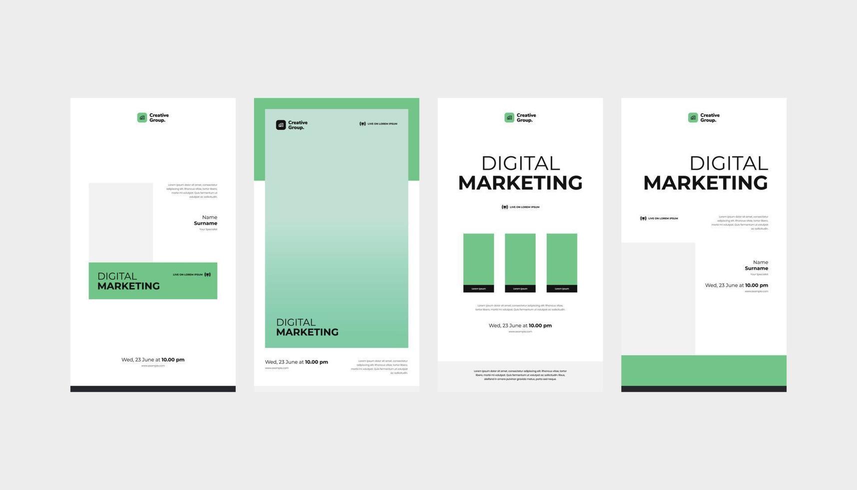 Set aus grünem, minimalem Webinar-Rollup-Standee-Banner für Flyer-Poster und Social-Media-Story-Vorlage vektor