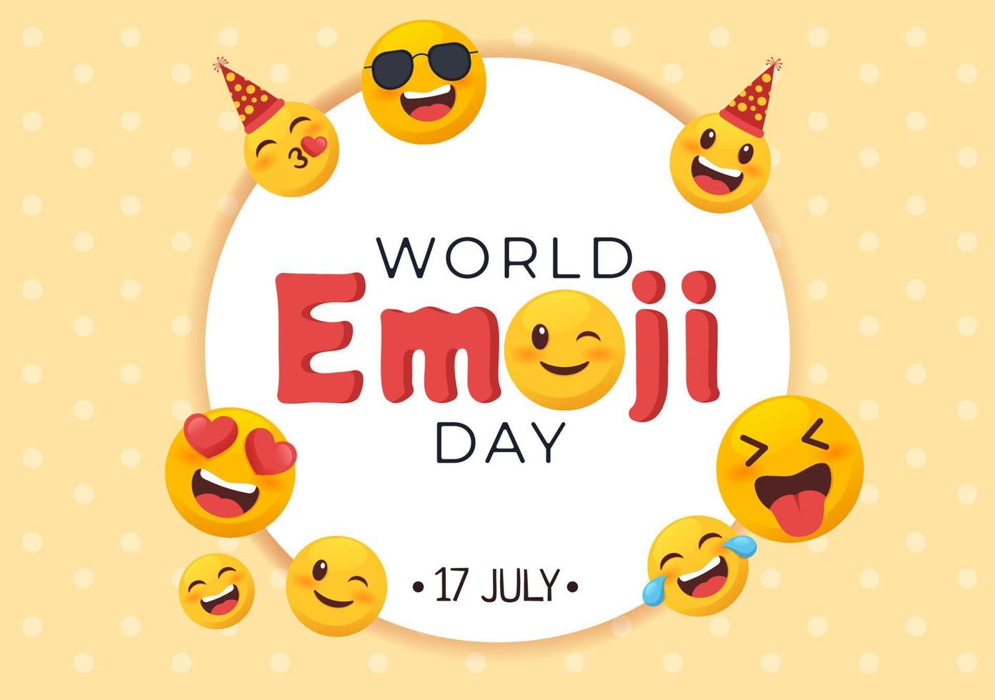 Welt-Emoji-Tag-Feier mit Veranstaltungen und Produktveröffentlichungen in verschiedenen niedlichen Cartoon-Formen mit Gesichtsausdruck in flacher Hintergrundillustration vektor