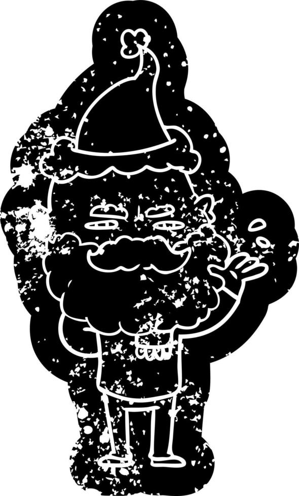cartoon verzweifelte ikone eines abweisenden mannes mit stirnrunzelndem bart und weihnachtsmütze vektor