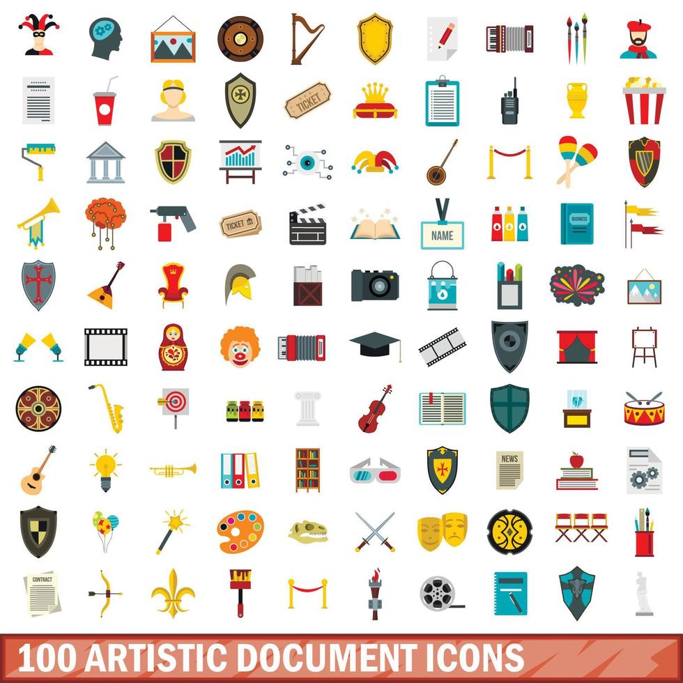100 künstlerische Dokumentsymbole gesetzt, flacher Stil vektor