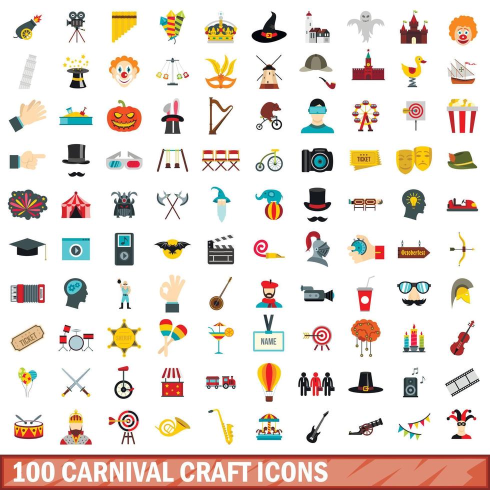 100 karneval hantverk ikoner set, platt stil vektor