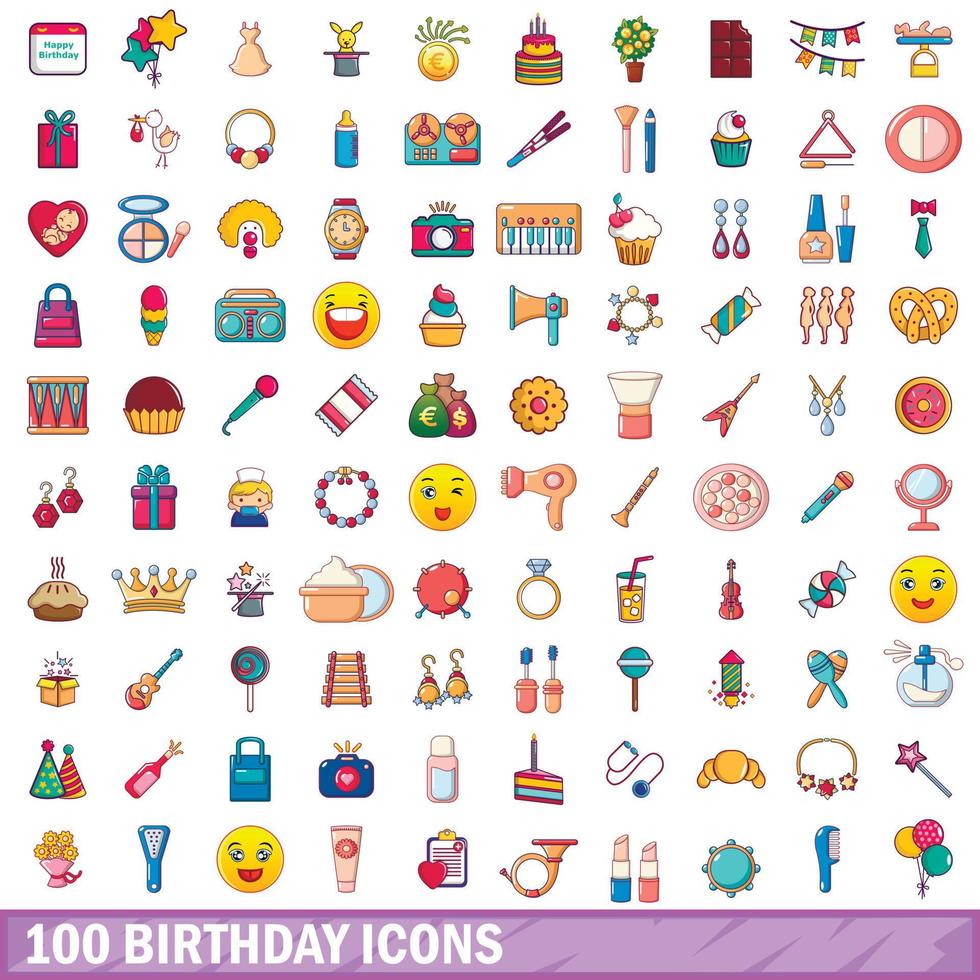 100 födelsedag ikoner set, tecknad stil vektor