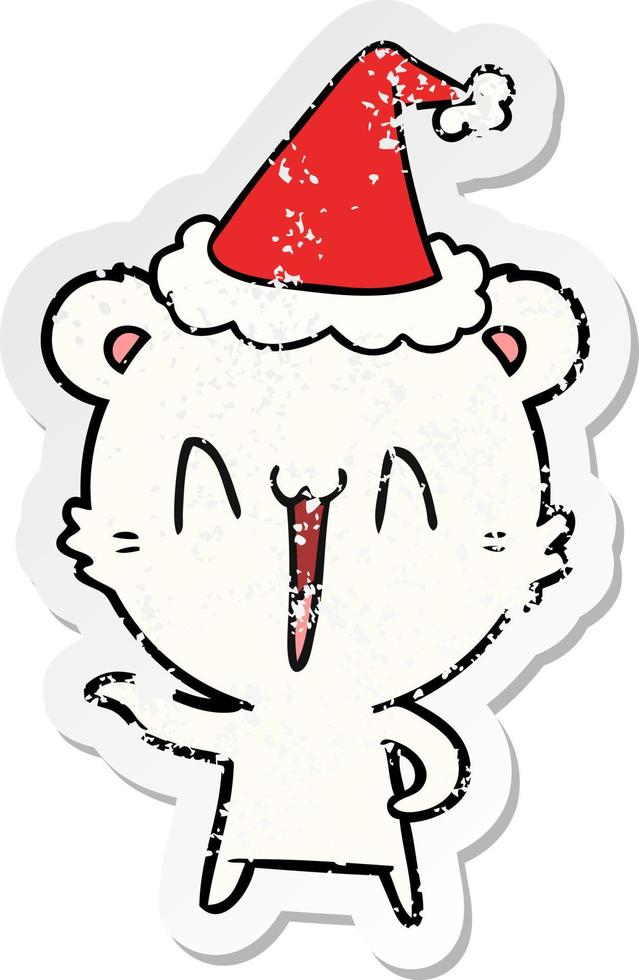 lachender Eisbär beunruhigter Aufkleber-Cartoon einer tragenden Weihnachtsmannmütze vektor