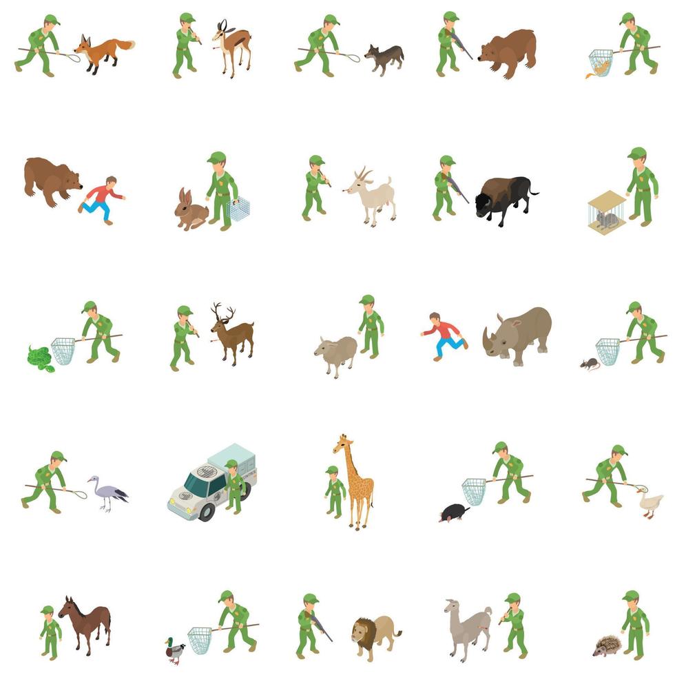 fånga vilda djur ikoner set, isometrisk stil vektor