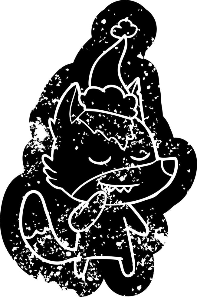 freundliche Cartoon-distressed-Ikone eines Wolfes mit Weihnachtsmütze vektor