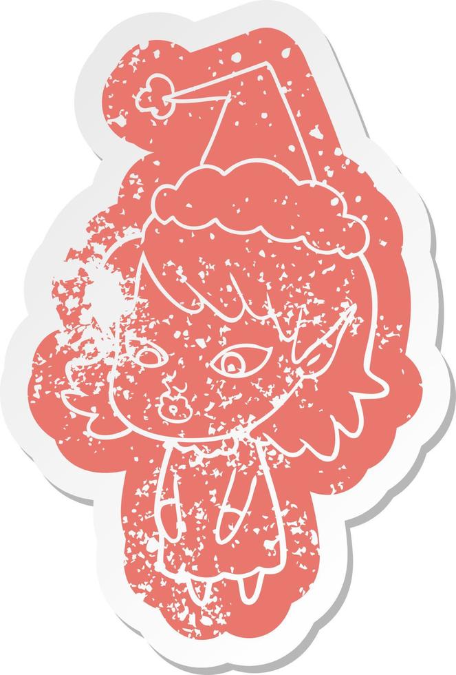Cartoon-Distressed-Aufkleber eines Elfenmädchens mit spitzen Ohren, das eine Weihnachtsmütze trägt vektor