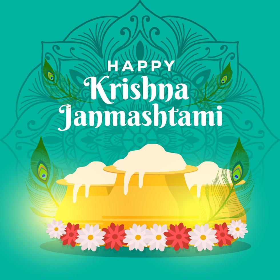 glad krishna janmashtami med matki dahi, påfågelfjäder och blommor vektor