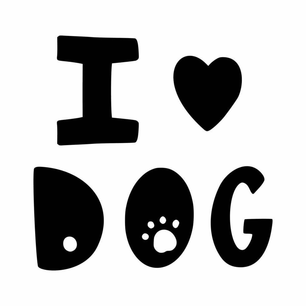 jag älskar hund. bokstäver på vit bakgrund. söt svart doodle stil klistermärke. vektor