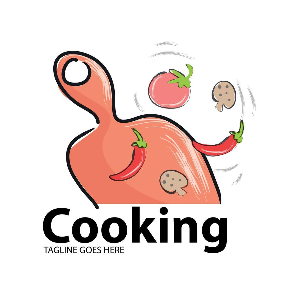 Kochlogo mit verschiedenen frischen Gemüsen und Gewürzen auf Holztisch. Cook-Logo und Symbol vektor