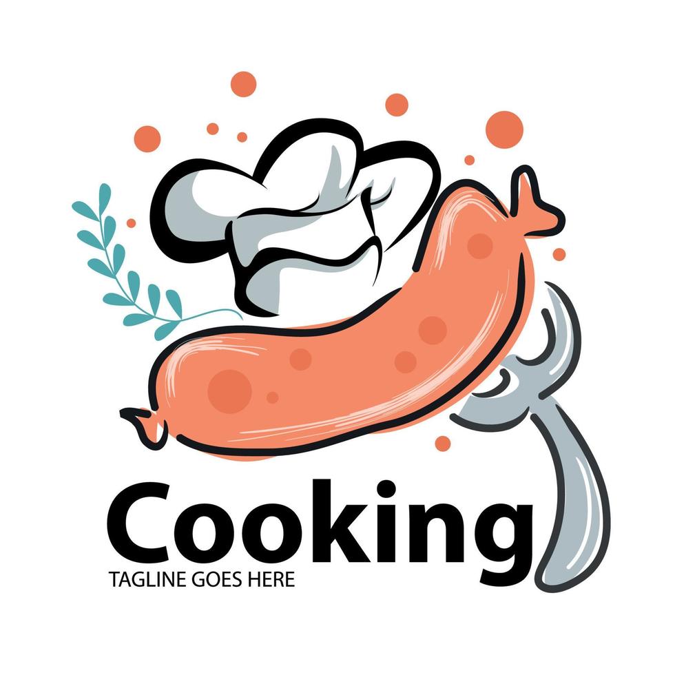 kockmössa, gaffel och korvdesign. matlagning vektor logotyp mall
